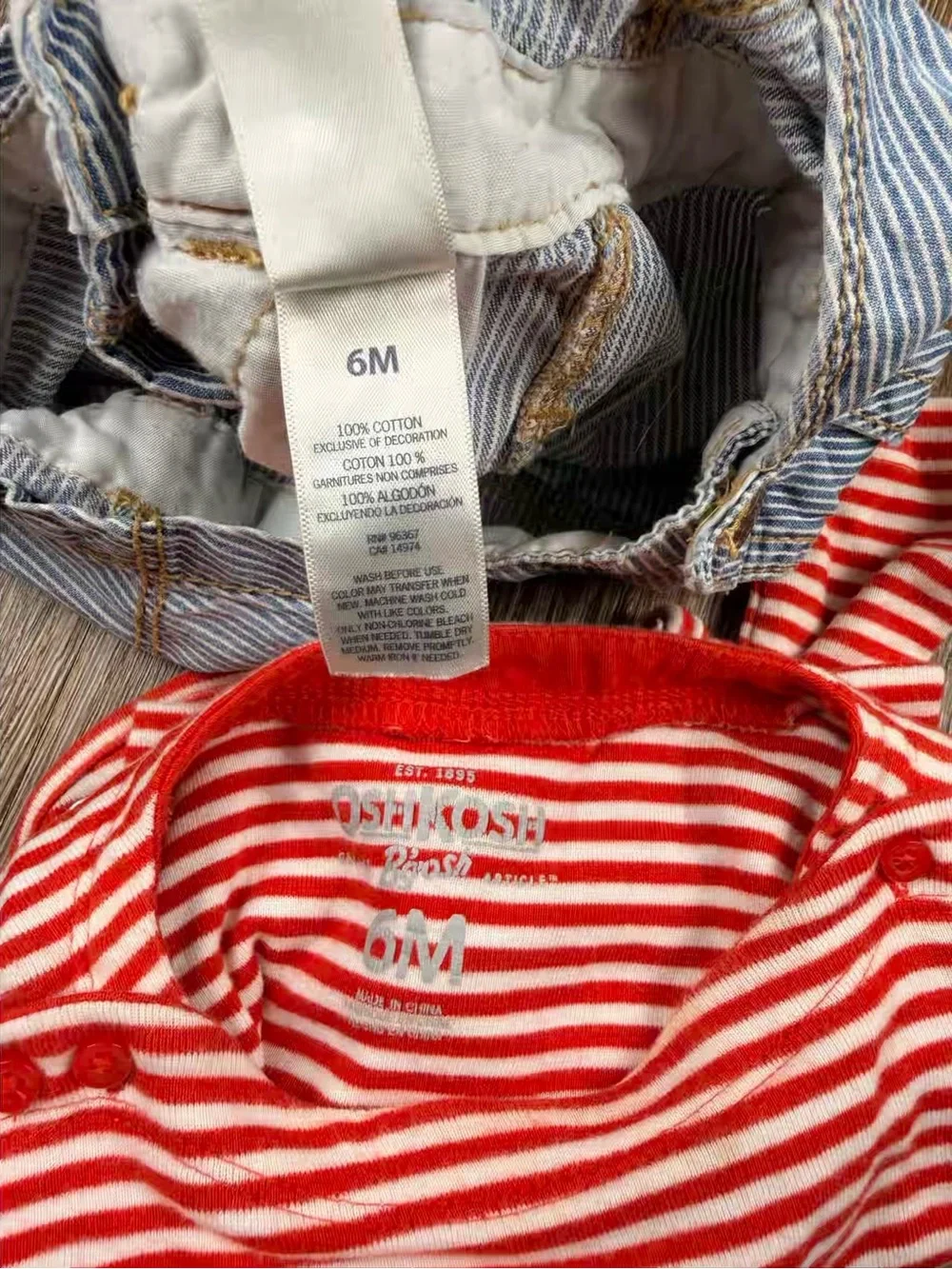 OshKosh B'gosh Hickory Stripe Overalls & Striped Shirt Set | Size: 6M